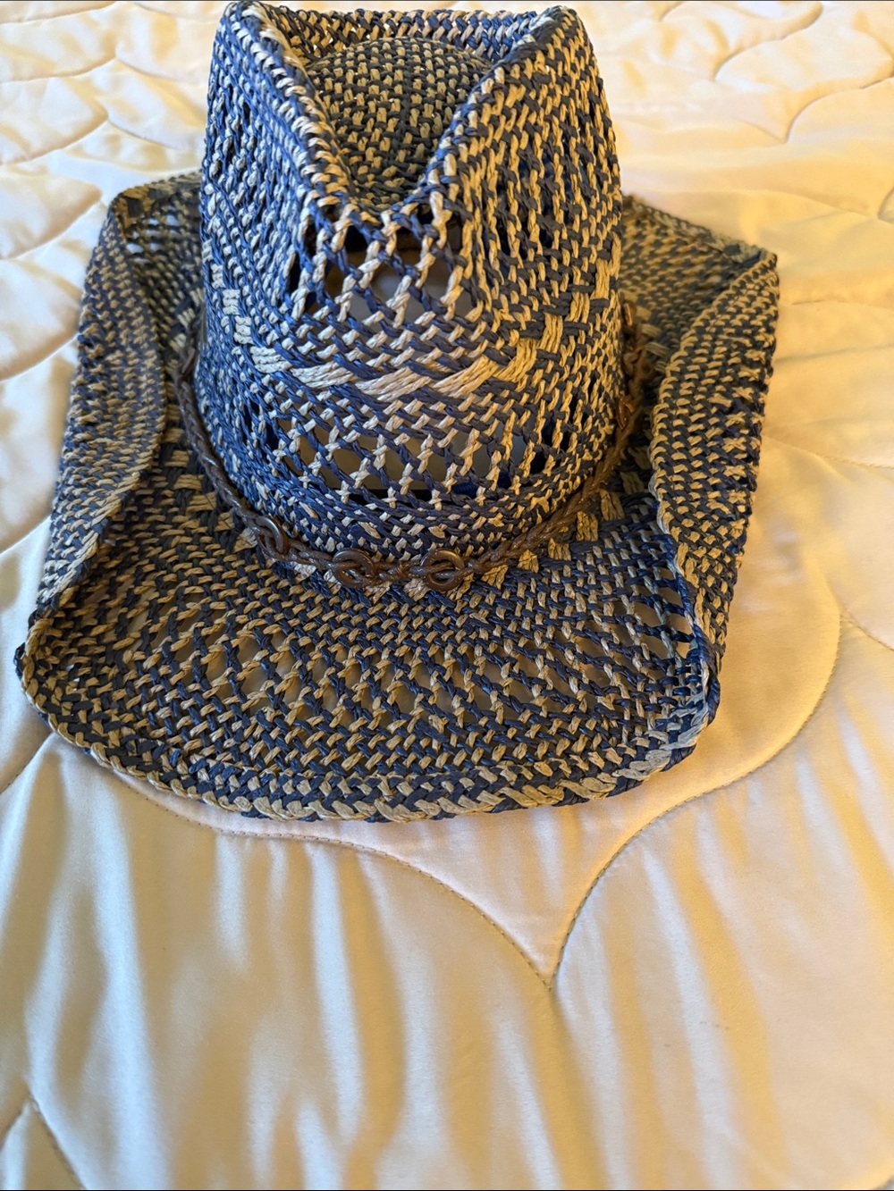 Navy & Natural Woven Straw Fedora Hat with Decorative Band